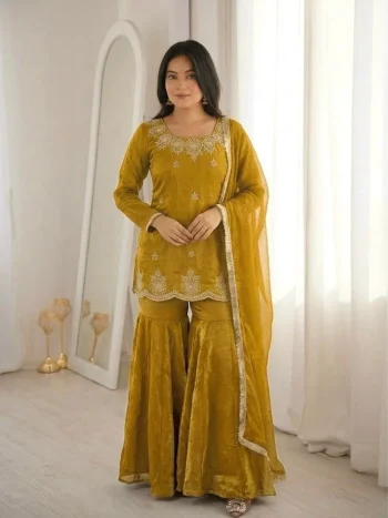 DESIGNER FENDY SILK EMBROIDERY SEQUENCE  WITH ZARKAN DIAMOND WORK TOP SHARARA WITH DUPATTA YELLOW