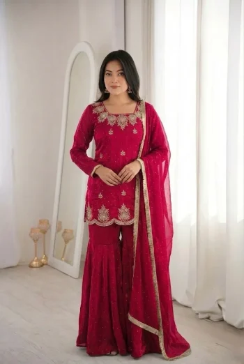 DESIGNER FENDY SILK EMBROIDERY SEQUENCE  WITH ZARKAN DIAMOND WORK TOP SHARARA WITH DUPATTA RANI