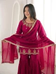 DESIGNER FENDY SILK EMBROIDERY SEQUENCE WITH ZARKAN DIAMOND WORK TOP SHARARA WITH DUPATTA WEDDING WEAR WHOLESALE PRICE ETHNIC GARMENT (3)