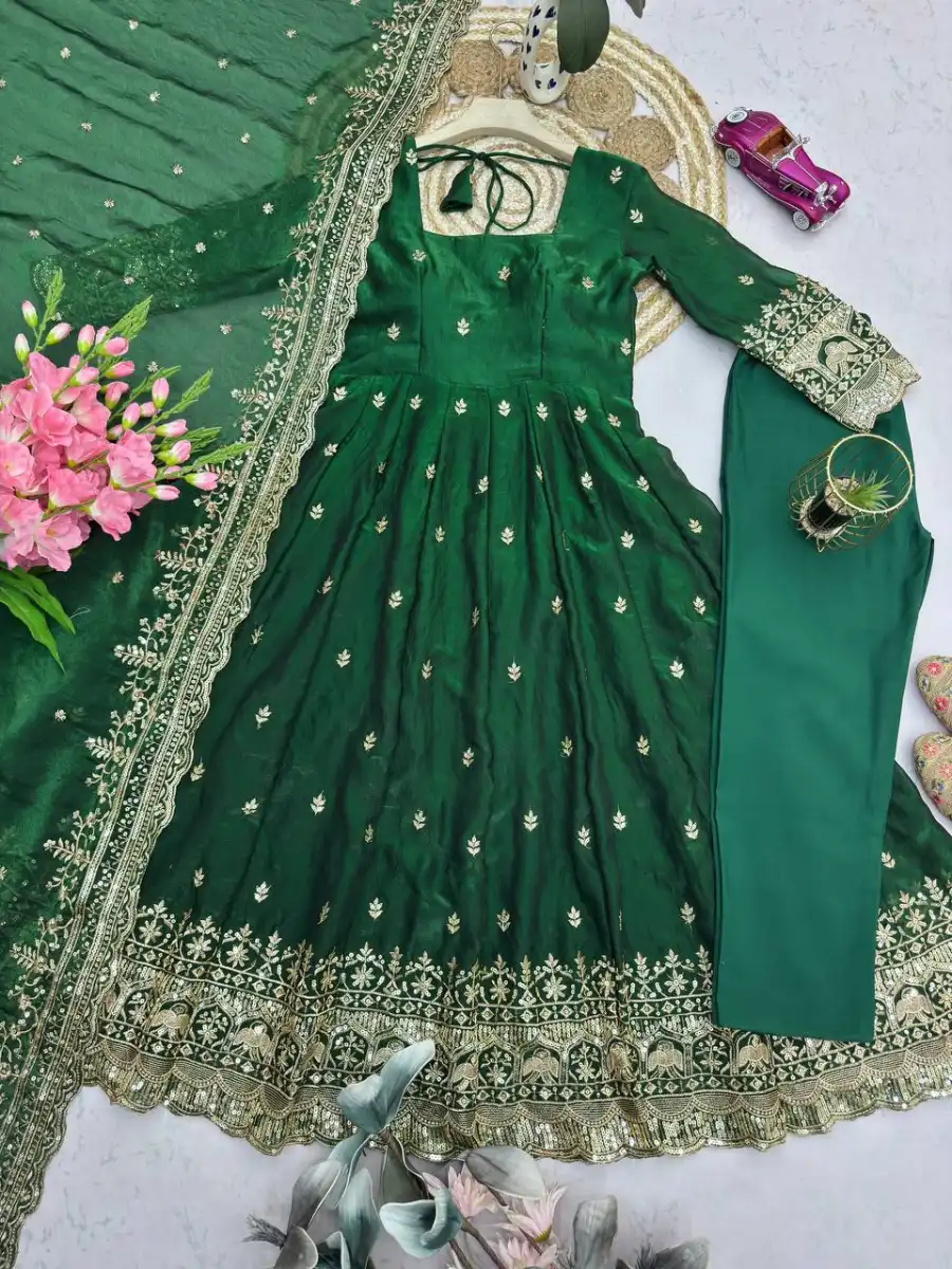 DESIGNER FENDY SILK EMBROIDERY SEQUENCE WORK GOWN BOTTOM WITH DUPATTA FESTIVE WEAR WHOLESALE PRICE ETHNIC GARMENT (33)