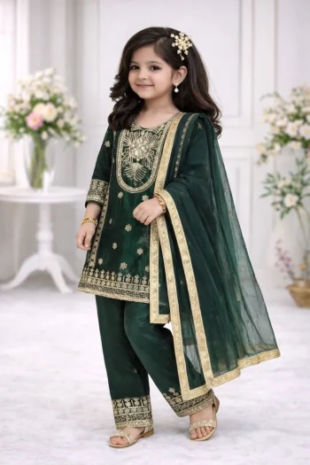 DESIGNER FENDY SILK EMBROIDERY SEQUENCE WORK KID'S TOP PALAZZO WITH DUPATTA GREEN