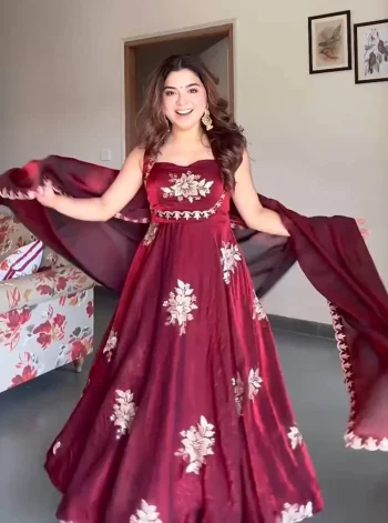 DESIGNER FENDY SILK EMBROIDERY WORK GOWN BOTTOM WITH DUPATTA MAROON