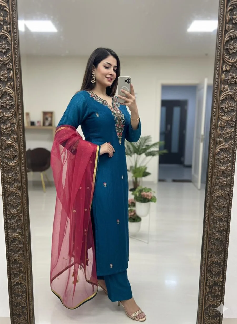 DESIGNER FENDY SILK HAND WORK TOP BOTTOM WITH DUPATTA FESTIVE WEAR WHOLESALE PRICE ETHNIC GARMENT (3)