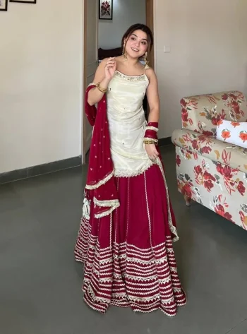 DESIGNER FENDY SILK MIRROR WORK TOP LEHENGA WITH DUPATTA MAROON AND WHITE