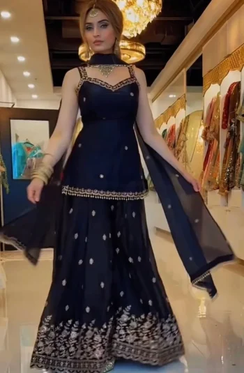 DESIGNER FENDY SILK SEQUENCE MULTI NEEDLE EMBROIDERY, ZARI WORK TOP PALAZZO WITH DUPATTA BLACK