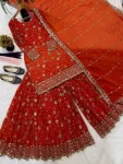 DESIGNER FENDY SILK THREAD WITH 3 MM SEQUENCE MULTI NEEDLE EMBROIDERY, ZARI WORK TOP PALAZZO WITH DUPATTA FESTIVE WEAR WHOLESALE PRICE ETHNIC GARMENT (4)