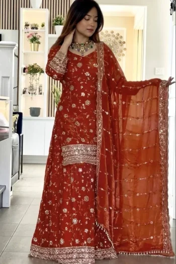 DESIGNER FENDY SILK THREAD WITH 3 MM SEQUENCE MULTI NEEDLE EMBROIDERY, ZARI WORK TOP PALAZZO WITH DUPATTA ORANGE