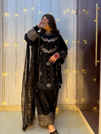 DESIGNER FRENCH CREPE ZARI & 5 MM SEQUENCE EMBROIDERY WORK TOP PALAZZO WITH DUPATTA BLACK