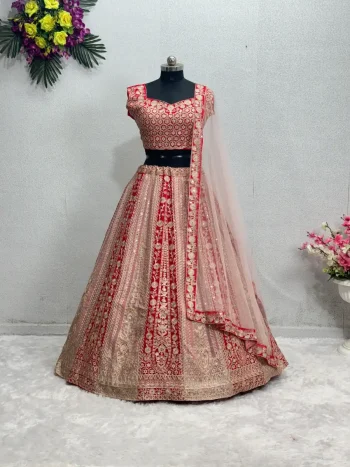 DESIGNER GEORGETTE CHAIN SEQUENCE WITH DIMOND OR REAL MIRROR HAND WORK LEHENGA CHOLI WITH DUPATTA RED