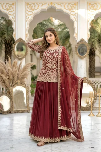 DESIGNER GEORGETTE CHAIN SEQUENCE WORK TOP LEHENGA WITH DUPATTA ORANGE