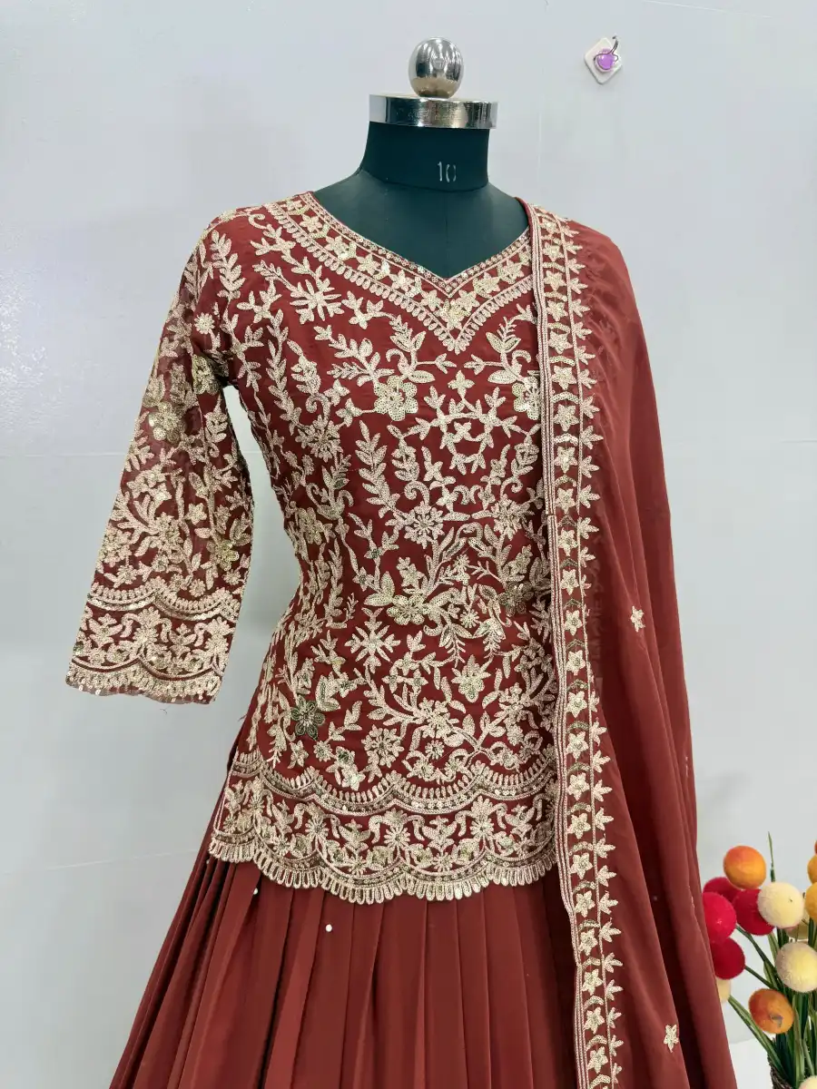 DESIGNER GEORGETTE CHAIN SEQUENCE WORK TOP LEHENGA WITH DUPATTA FESTIVE WEAR WHOLESALE PRICE ETHNIC GARMENT (7)