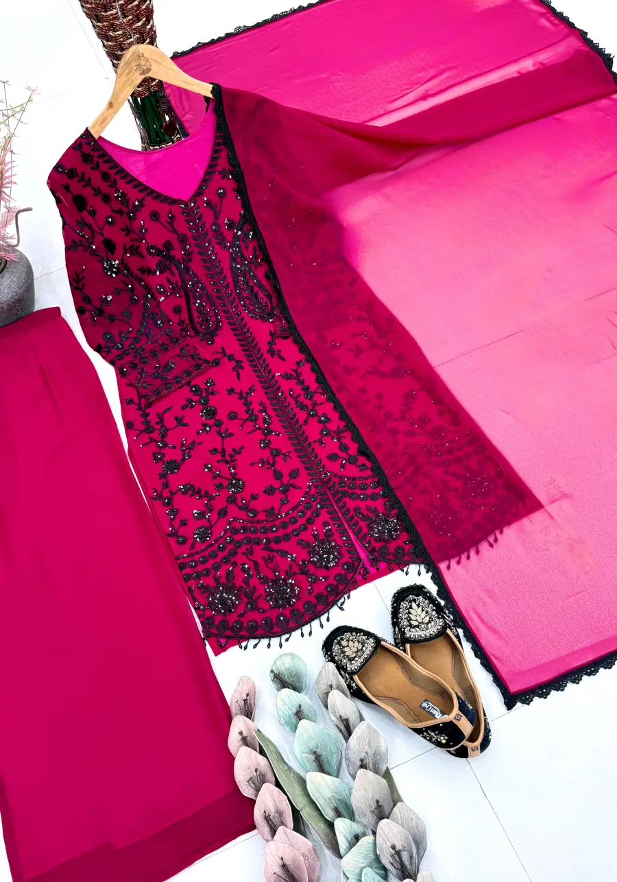 DESIGNER GEORGETTE CHAIN SEQUENCE WORK WITH FANCY VAL LACE BORDER WORK TOP PALAZZO WITH DUPATTA FESTIVE WEAR WHOLESALE PRICE ETHNIC GARMENT (11)