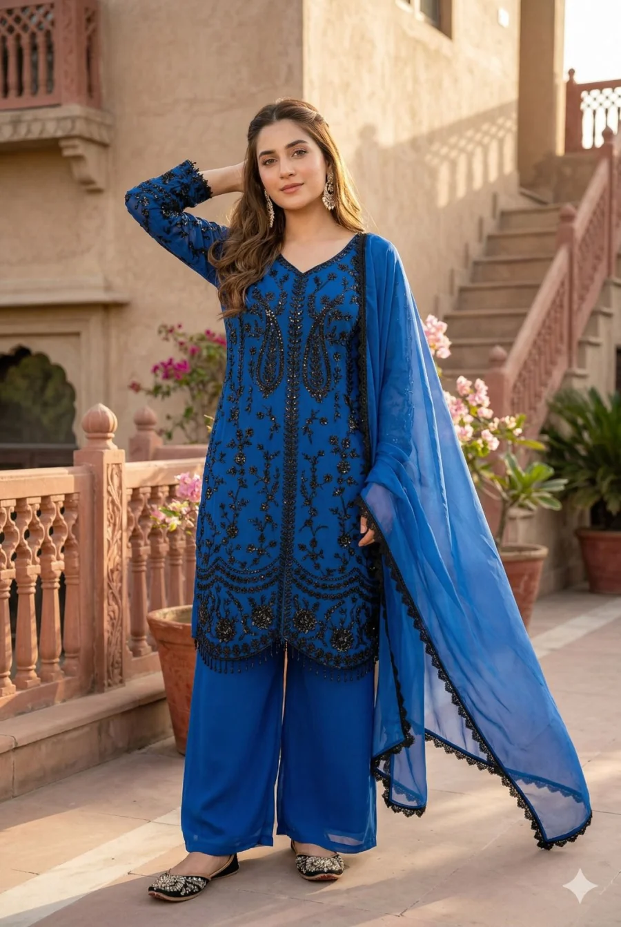 DESIGNER GEORGETTE CHAIN SEQUENCE WORK WITH FANCY VAL LACE BORDER WORK TOP PALAZZO WITH DUPATTA FESTIVE WEAR WHOLESALE PRICE ETHNIC GARMENT (2)