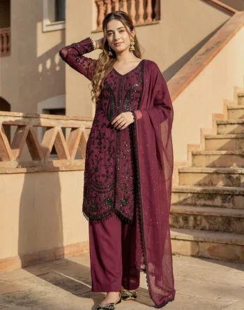 DESIGNER GEORGETTE CHAIN  SEQUENCE WORK WITH FANCY VAL LACE BORDER WORK TOP PALAZZO WITH DUPATTA WINE