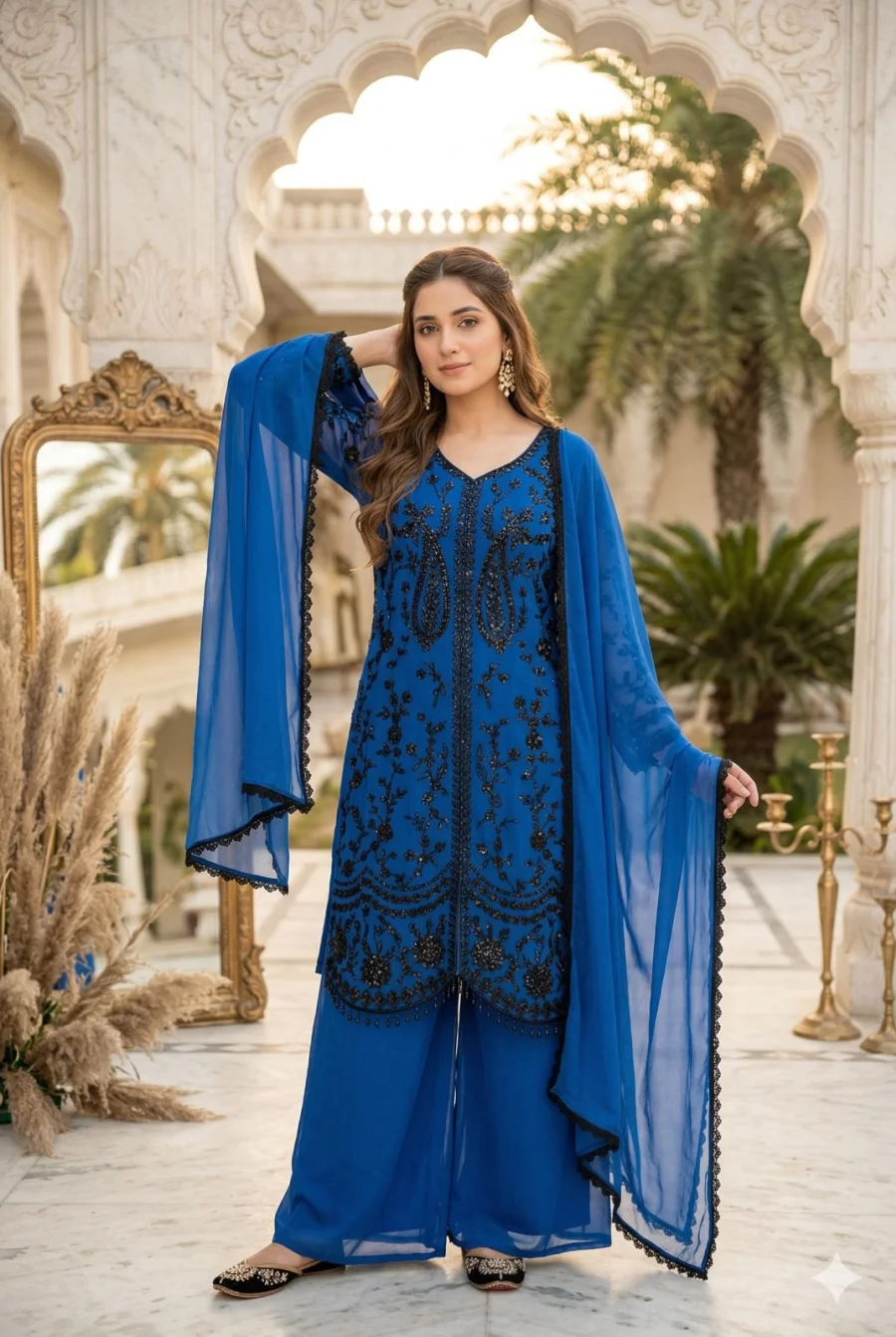 DESIGNER GEORGETTE CHAIN SEQUENCE WORK WITH FANCY VAL LACE BORDER WORK TOP PALAZZO WITH DUPATTA FESTIVE WEAR WHOLESALE PRICE ETHNIC GARMENT (4)