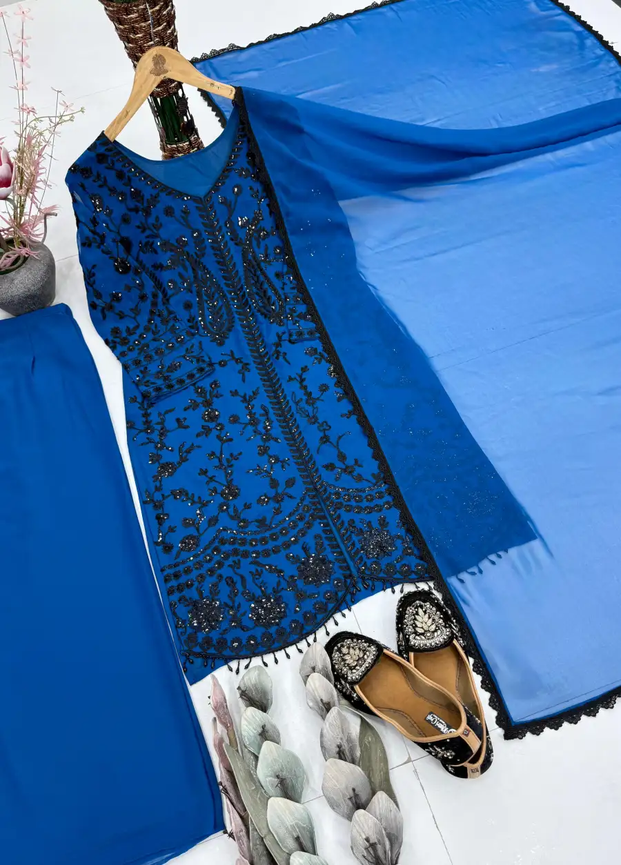 DESIGNER GEORGETTE CHAIN SEQUENCE WORK WITH FANCY VAL LACE BORDER WORK TOP PALAZZO WITH DUPATTA FESTIVE WEAR WHOLESALE PRICE ETHNIC GARMENT (6)