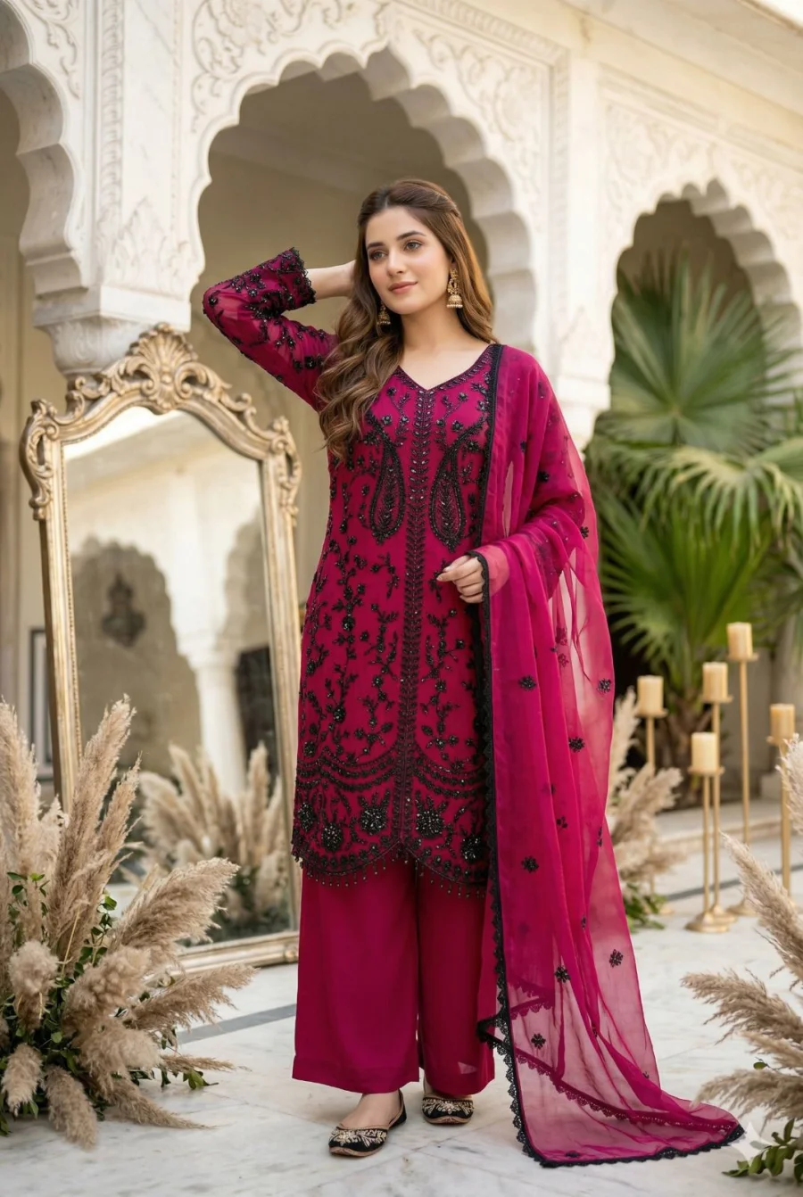 DESIGNER GEORGETTE CHAIN SEQUENCE WORK WITH FANCY VAL LACE BORDER WORK TOP PALAZZO WITH DUPATTA FESTIVE WEAR WHOLESALE PRICE ETHNIC GARMENT (6)