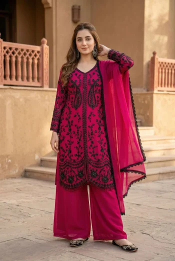 DESIGNER GEORGETTE CHAIN  SEQUENCE WORK WITH FANCY VAL LACE BORDER WORK TOP PALAZZO WITH DUPATTA RANI