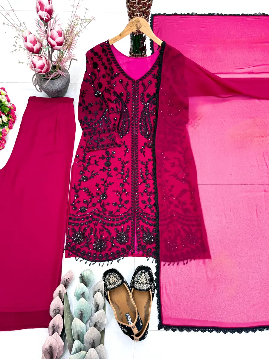 DESIGNER GEORGETTE CHAIN SEQUENCE WORK WITH FANCY VAL LACE BORDER WORK TOP PALAZZO WITH DUPATTA FESTIVE WEAR WHOLESALE PRICE ETHNIC GARMENT (9)