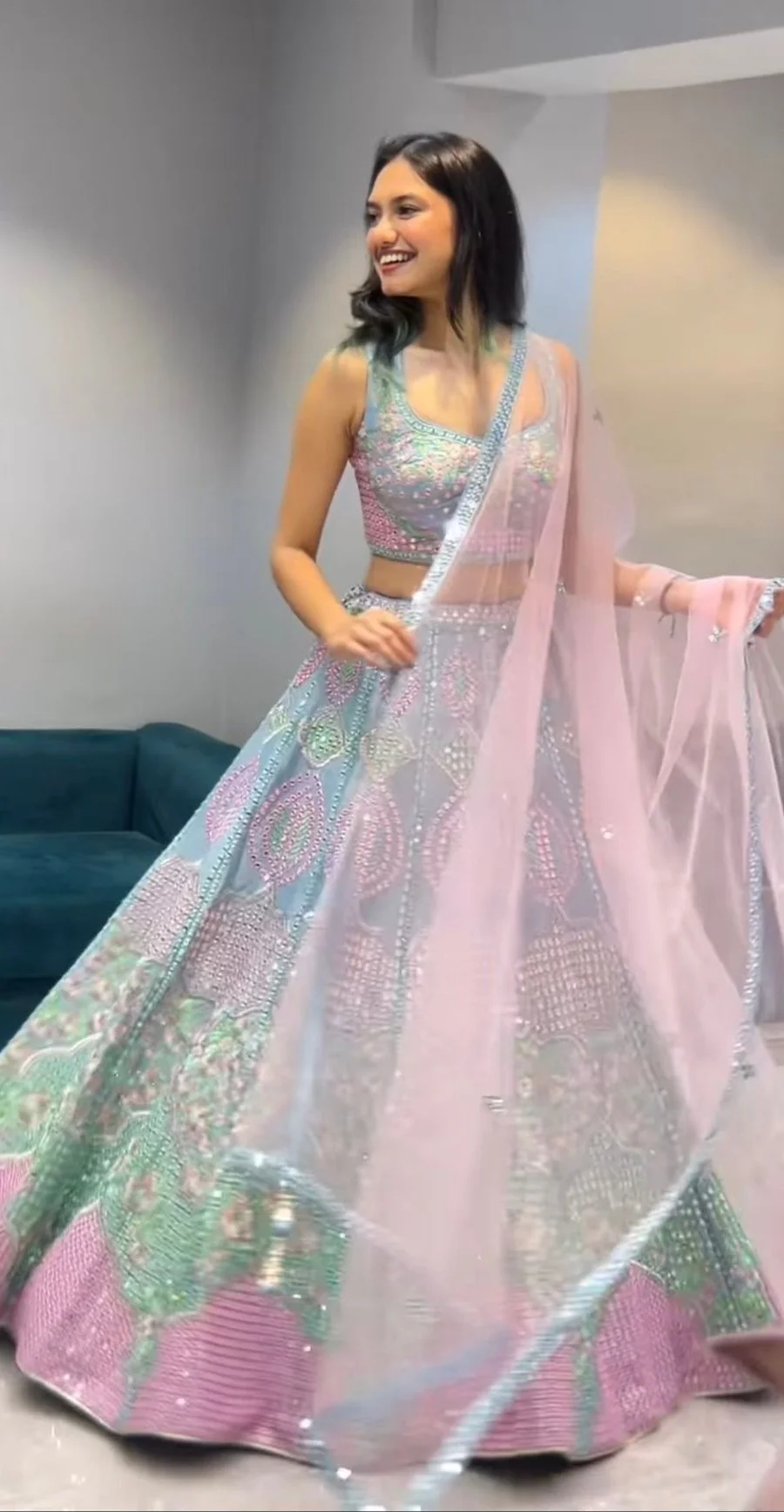 DESIGNER GEORGETTE CHAIN SEQUNCE WITH REAL MIRROR WORK LEHENGA CHOLI WITH DUPATTA WEDDING WEAR WHOLESALE PRICE ETHNIC GARMENT (3)