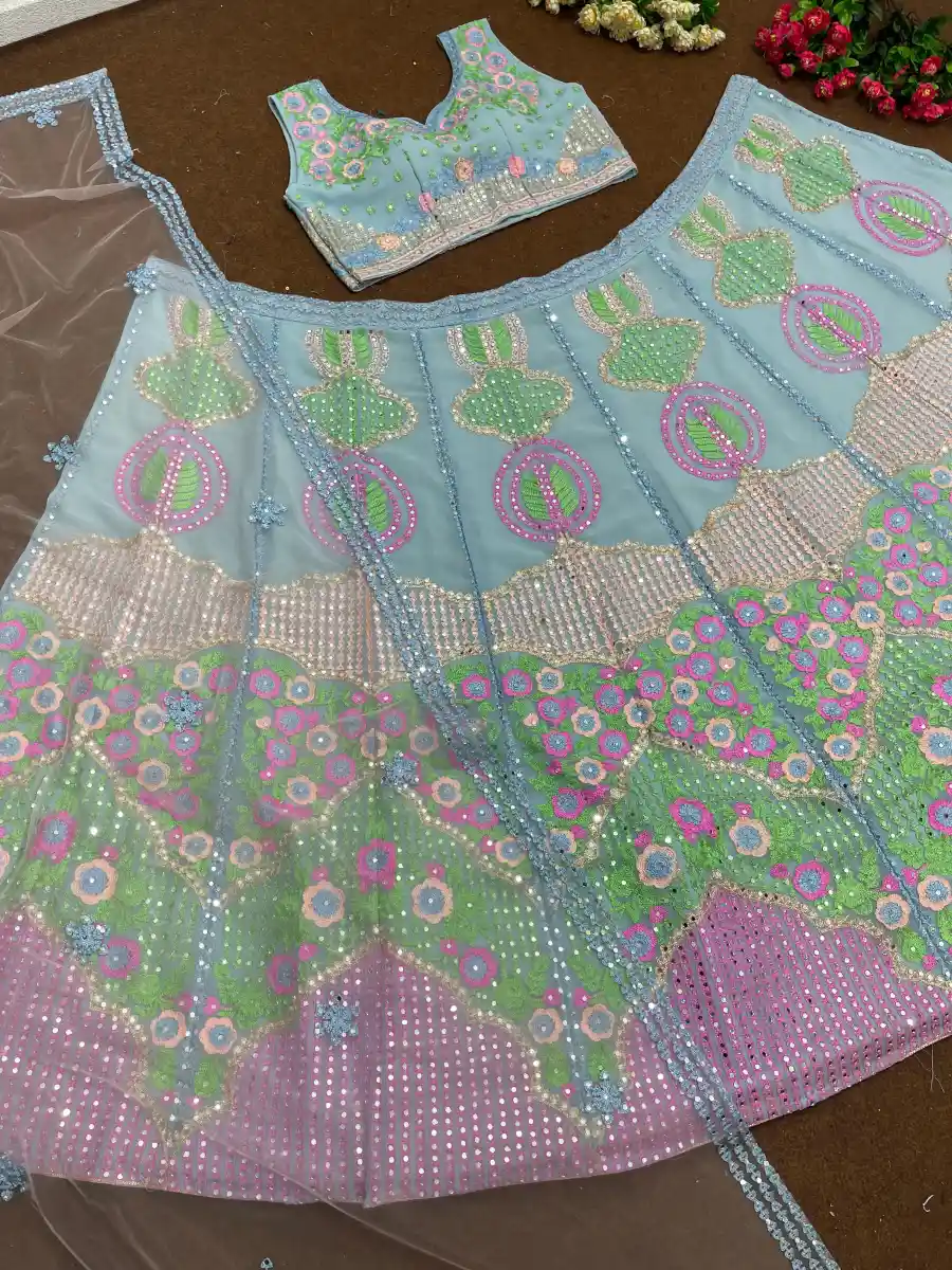 DESIGNER GEORGETTE CHAIN SEQUNCE WITH REAL MIRROR WORK LEHENGA CHOLI WITH DUPATTA WEDDING WEAR WHOLESALE PRICE ETHNIC GARMENT (6)