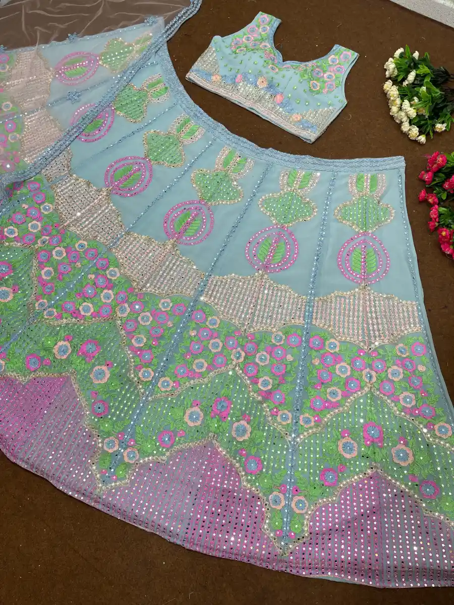 DESIGNER GEORGETTE CHAIN SEQUNCE WITH REAL MIRROR WORK LEHENGA CHOLI WITH DUPATTA WEDDING WEAR WHOLESALE PRICE ETHNIC GARMENT (7)