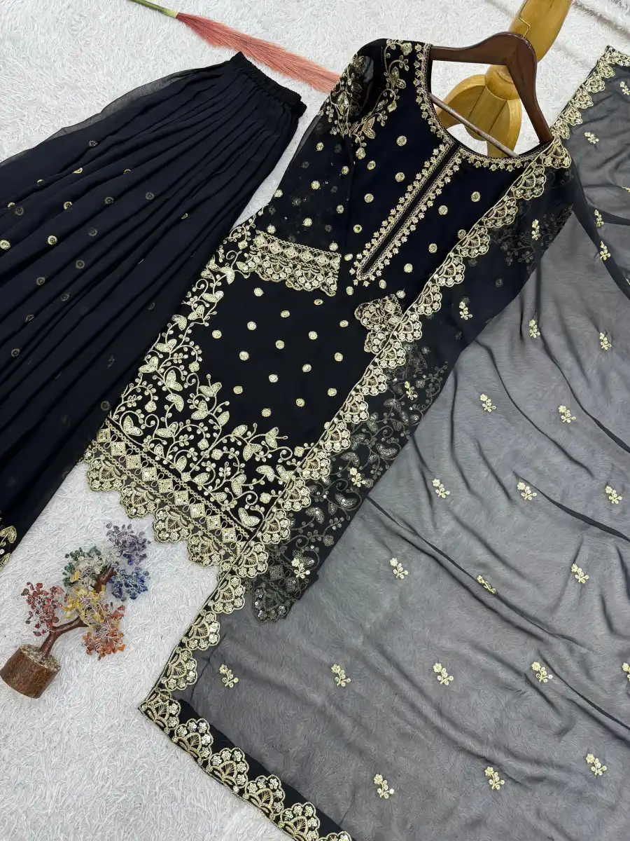 DESIGNER GEORGETTE EMBROIDERY AND SEQUENCE WORK WITH CUT WORK TOP PALAZZO WITH DUPATTA WEDDING WEAR WHOLESALE PRICE ETHNIC GARMENT (1)