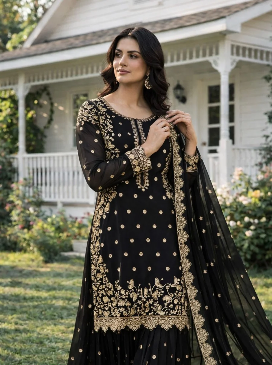 DESIGNER GEORGETTE EMBROIDERY AND SEQUENCE WORK WITH CUT WORK TOP PALAZZO WITH DUPATTA WEDDING WEAR WHOLESALE PRICE ETHNIC GARMENT (11)