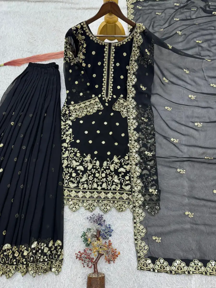 DESIGNER GEORGETTE EMBROIDERY AND SEQUENCE WORK WITH CUT WORK TOP PALAZZO WITH DUPATTA WEDDING WEAR WHOLESALE PRICE ETHNIC GARMENT (12)
