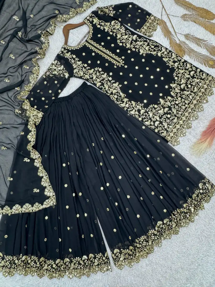 DESIGNER GEORGETTE EMBROIDERY AND SEQUENCE WORK WITH CUT WORK TOP PALAZZO WITH DUPATTA WEDDING WEAR WHOLESALE PRICE ETHNIC GARMENT (13)