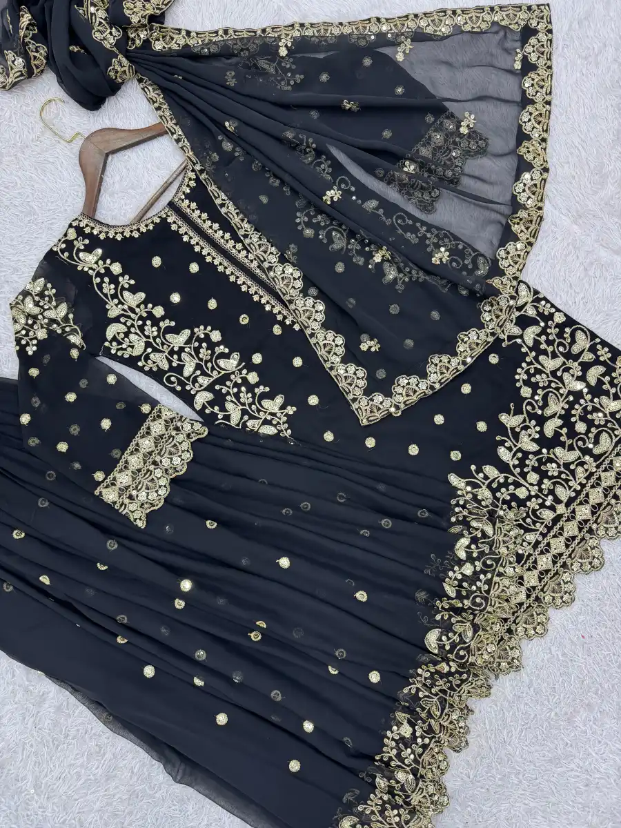 DESIGNER GEORGETTE EMBROIDERY AND SEQUENCE WORK WITH CUT WORK TOP PALAZZO WITH DUPATTA WEDDING WEAR WHOLESALE PRICE ETHNIC GARMENT (15)