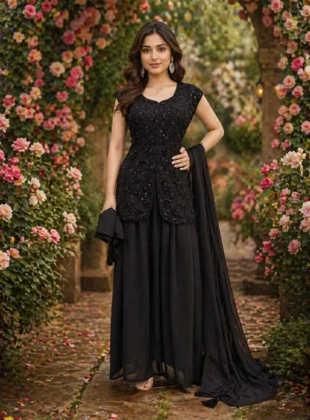 DESIGNER GEORGETTE EMBROIDERY SEQUENCE +BEADS WORK TOP PALAZZO WITH DUPATTA BLACK