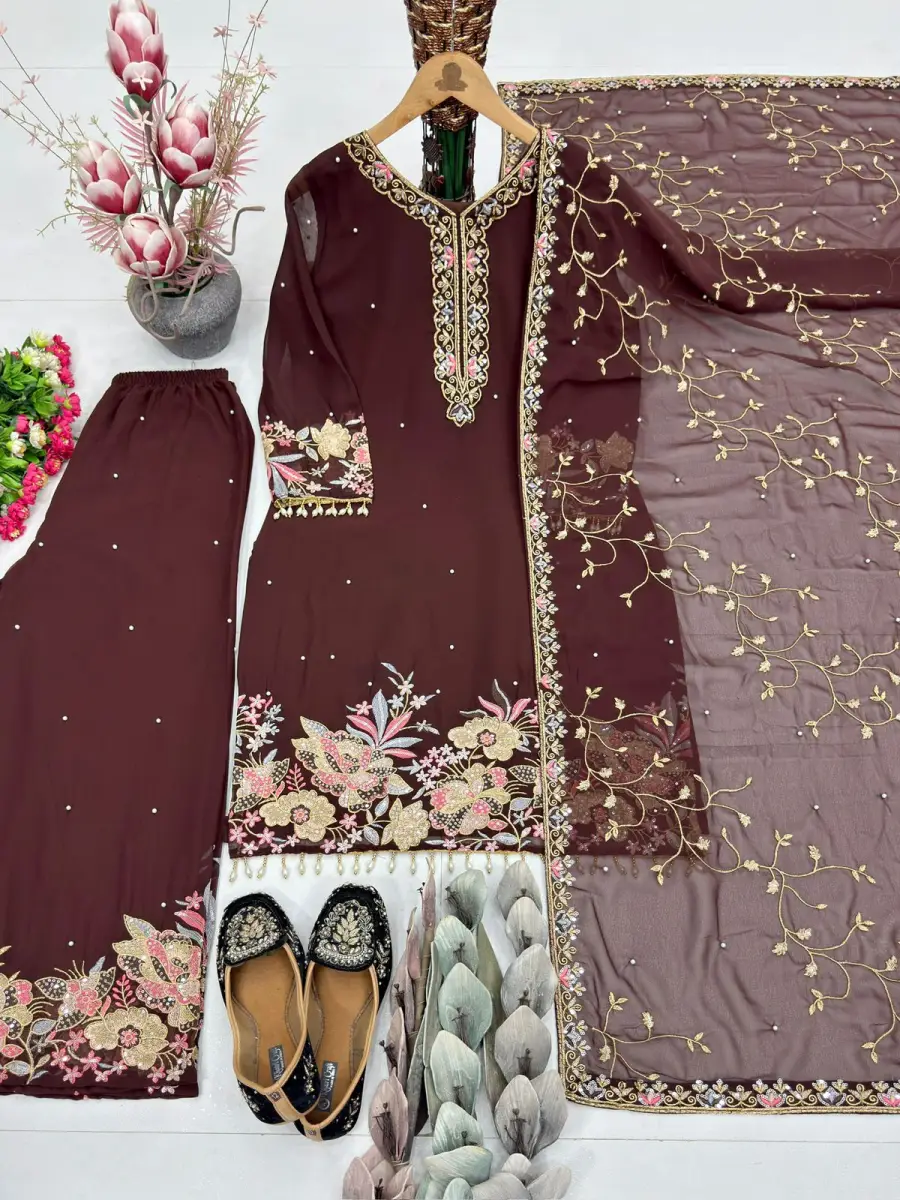 DESIGNER GEORGETTE EMBROIDERY SEQUENCE WITH PEARL MOTI HAND WORK AND FANCY LACE BORDER WORK TOP PALAZZO WITH DUPATTA FESTIVE WEAR WHOLESALE PRICE ETHNIC GARMENT (14)