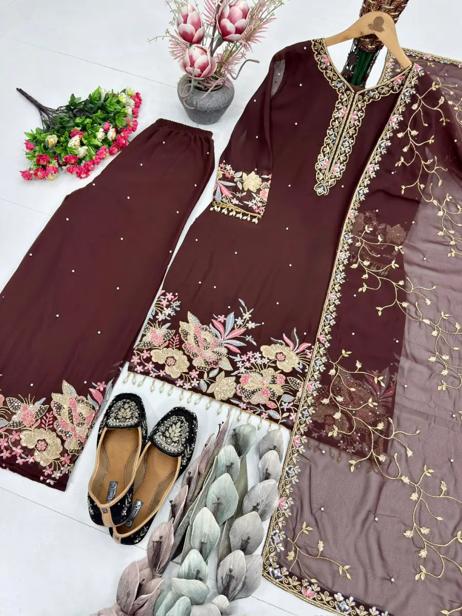 DESIGNER GEORGETTE EMBROIDERY SEQUENCE WITH PEARL MOTI HAND WORK AND FANCY LACE BORDER WORK TOP PALAZZO WITH DUPATTA FESTIVE WEAR WHOLESALE PRICE ETHNIC GARMENT (15)