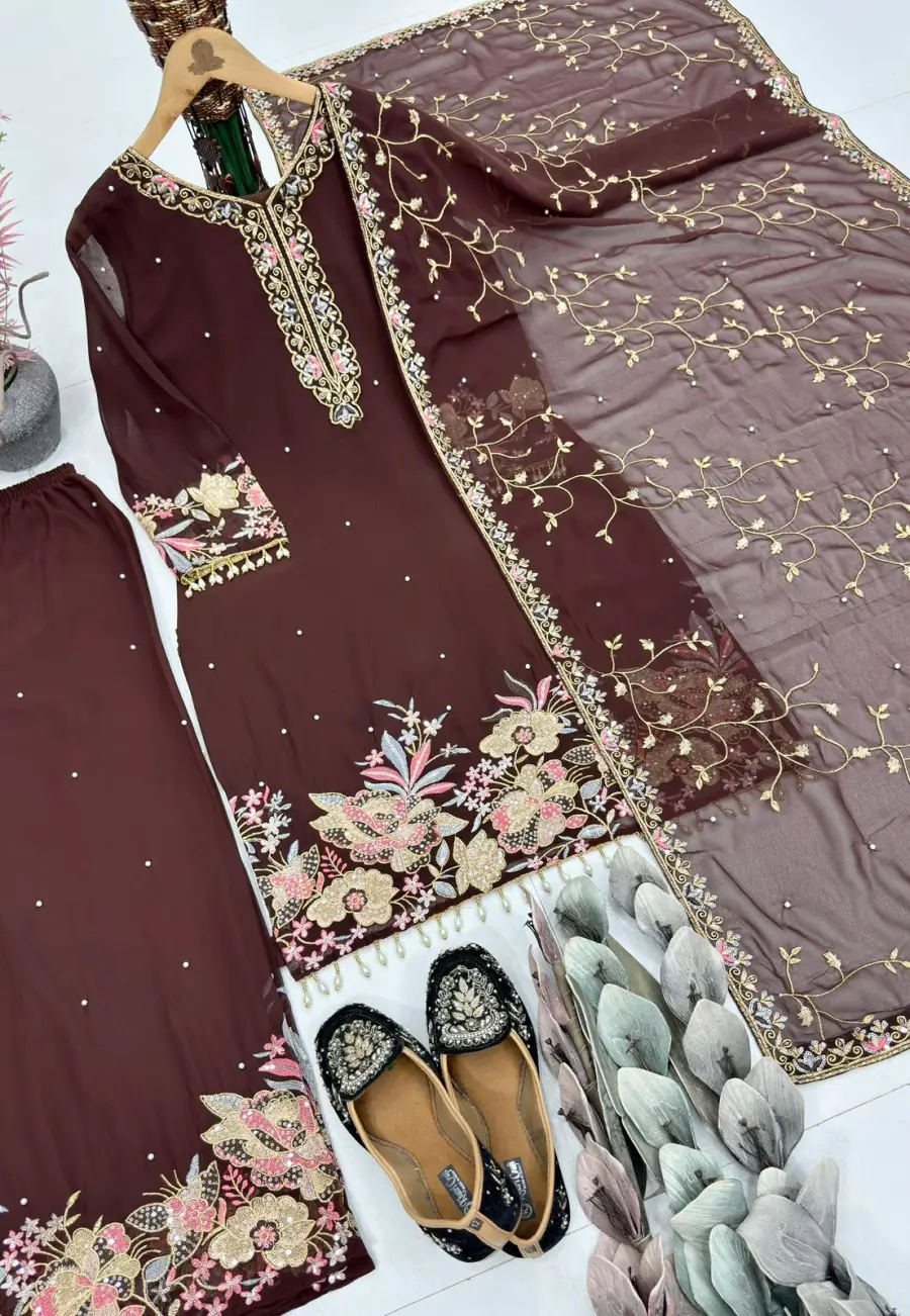 DESIGNER GEORGETTE EMBROIDERY SEQUENCE WITH PEARL MOTI HAND WORK AND FANCY LACE BORDER WORK TOP PALAZZO WITH DUPATTA FESTIVE WEAR WHOLESALE PRICE ETHNIC GARMENT (16)