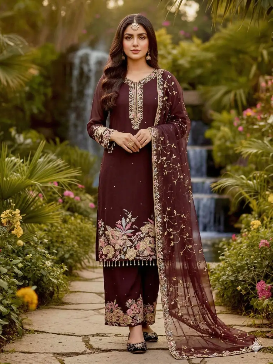 DESIGNER GEORGETTE EMBROIDERY SEQUENCE WITH PEARL MOTI HAND WORK AND FANCY LACE BORDER WORK TOP PALAZZO WITH DUPATTA FESTIVE WEAR WHOLESALE PRICE ETHNIC GARMENT (2)