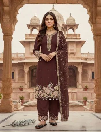 DESIGNER GEORGETTE EMBROIDERY   SEQUENCE  WITH PEARL MOTI HAND WORK AND FANCY LACE BORDER WORK TOP PALAZZO WITH DUPATTA BROWN