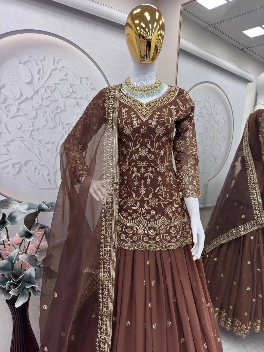 DESIGNER GEORGETTE EMBROIDERY SEQUENCE WORK TOP LEHENGA WITH DUPATTA WEDDING WEAR WHOLESALE PRICE ETHNIC GARMENT (10)
