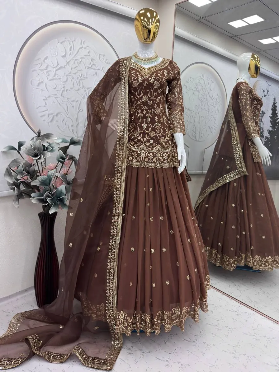 DESIGNER GEORGETTE EMBROIDERY SEQUENCE WORK TOP LEHENGA WITH DUPATTA WEDDING WEAR WHOLESALE PRICE ETHNIC GARMENT (6)