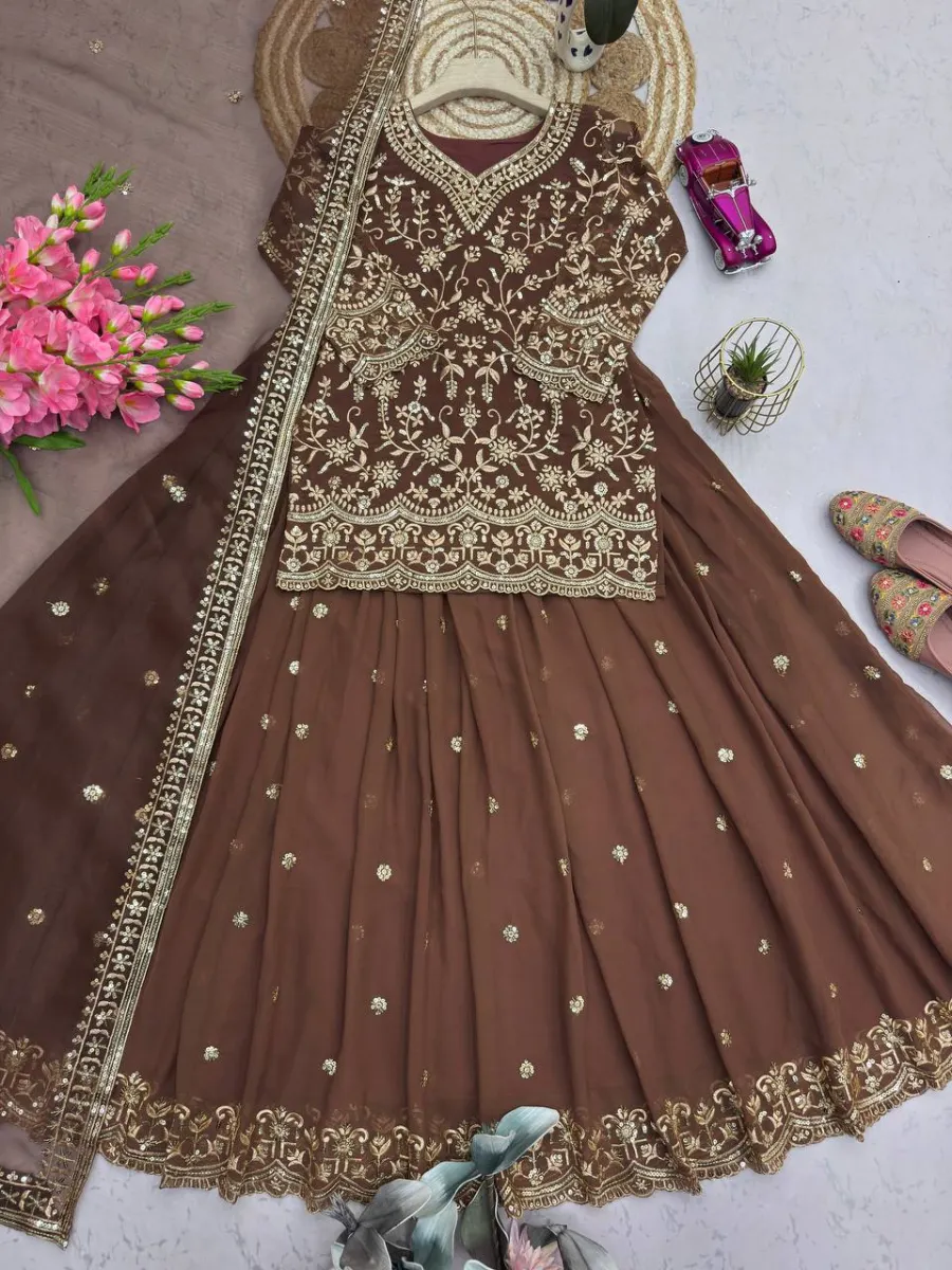 DESIGNER GEORGETTE EMBROIDERY SEQUENCE WORK TOP LEHENGA WITH DUPATTA WEDDING WEAR WHOLESALE PRICE ETHNIC GARMENT (9)