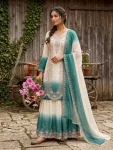 DESIGNER GEORGETTE EMBROIDERY THREAD WORK  TOP PALAZZO WITH DUPATTA WHITE AND RAMA