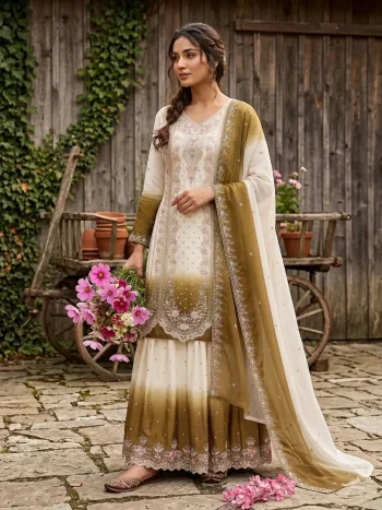 DESIGNER GEORGETTE EMBROIDERY THREAD WORK  TOP PALAZZO WITH DUPATTA WHITE AND MEHNDI