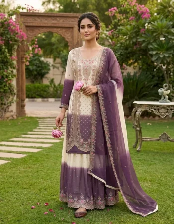 DESIGNER GEORGETTE EMBROIDERY THREAD WORK  TOP PALAZZO WITH DUPATTA WHITE AND PURPLE