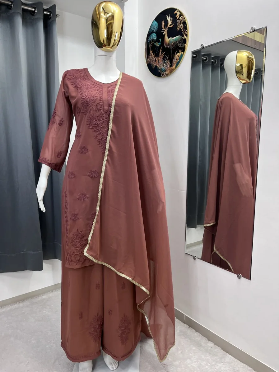 DESIGNER GEORGETTE EMBROIDERY WORK TOP PALAZZO WITH DUPATTA OFFICE WEAR WHOLESALE PRICE ETHNIC GARMENT (1)