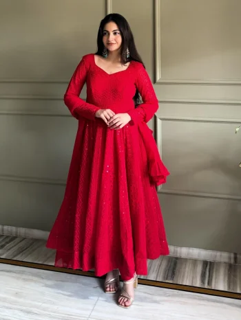 DESIGNER GEORGETTE LUKHNOWI SEQUENCE & THREAD WORK GOWN BOTTOM WITH DUPATTA RED