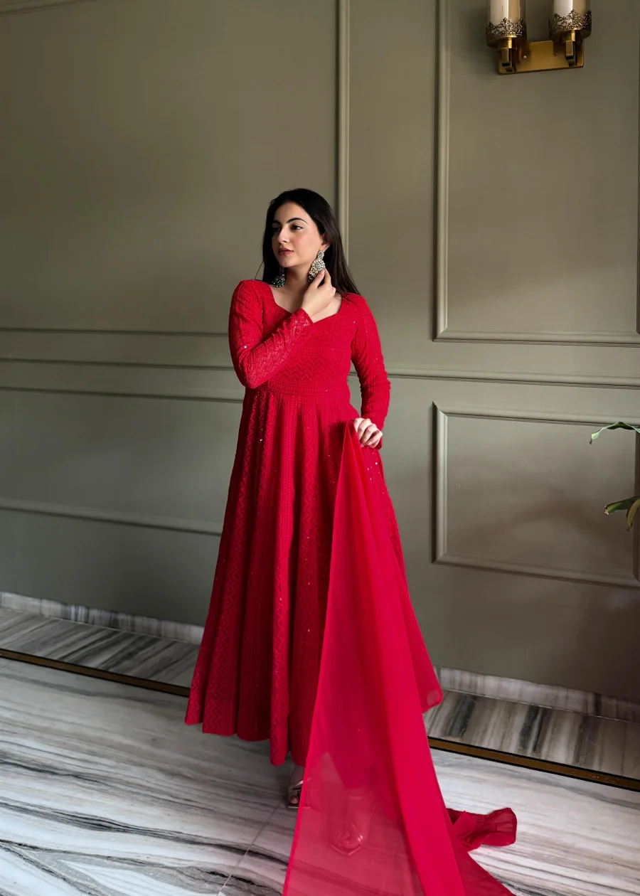 DESIGNER GEORGETTE LUKHNOWI SEQUENCE & THREAD WORK GOWN BOTTOM WITH DUPATTA FESTIVE WEAR WHOLESALE PRICE ETHNIC GARMENT (5)