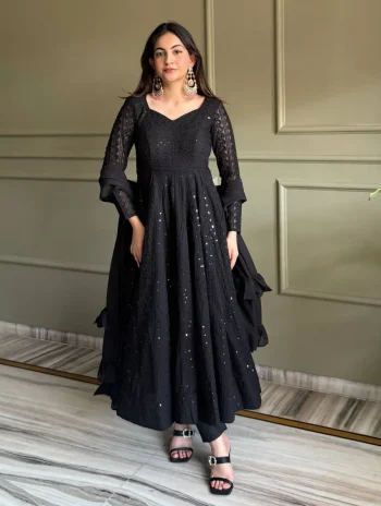DESIGNER GEORGETTE LUKHNOWI SEQUENCE & THREAD WORK GOWN BOTTOM WITH DUPATTA BLACK