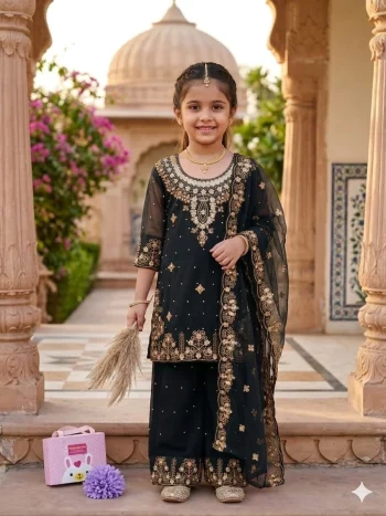 DESIGNER GEORGETTE MULTI EMBROIDERY WITH MOTI WORK KID'S TOP BOTTOM WITH DUPATTA BLACK