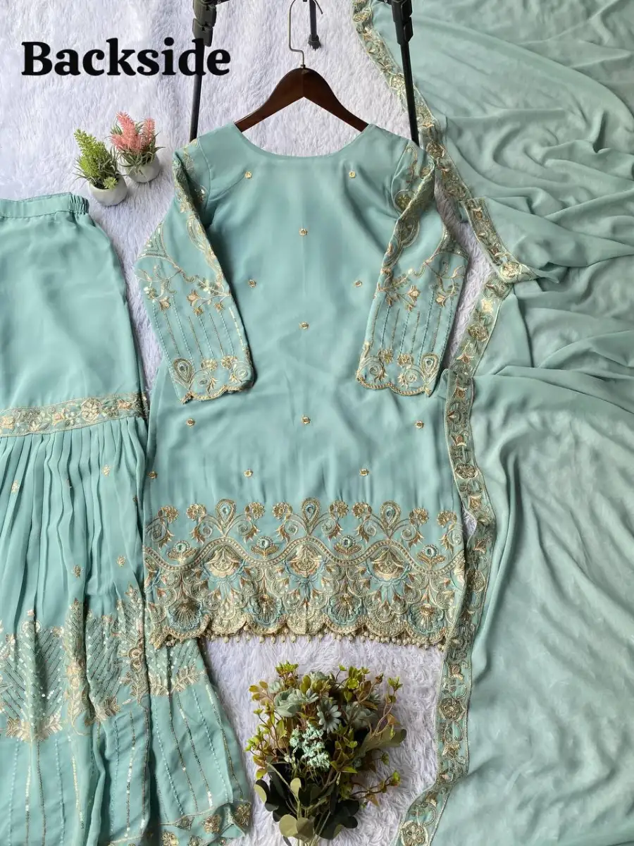 DESIGNER GEORGETTE SEQUENCE EMBROIDERY WORK TOP SHARARA WITH DUPATTA FESTIVE WEAR WHOLESALE PRICE ETHNIC GARMENT (1)