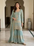 DESIGNER GEORGETTE SEQUENCE EMBROIDERY WORK TOP SHARARA WITH DUPATTA SKY